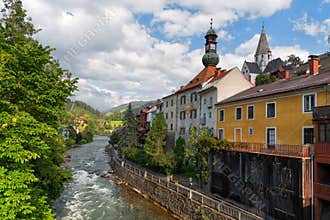 Murau town, Styria, Austria, the Mur river embankment