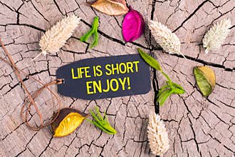 The text life is short enjoy in tag