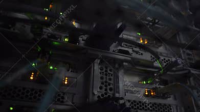 Ethernet Network Connection Hub. Blinking lights in a dark server room, Close-up view of Ethernet cables wired to router 4K