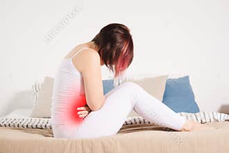 Stomach ache, woman with abdominal pain suffering at home