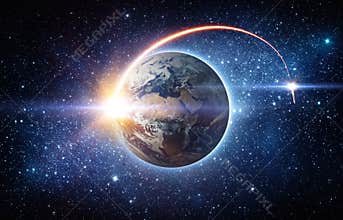 Rocket space ship launching from planet Earth and flying into outer space. Space exploration background. Elements of this image f