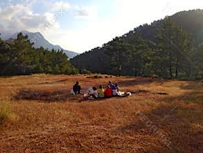 Tourist camp with tents and fire