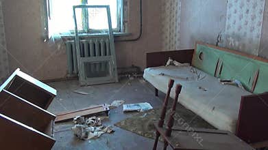 Ruins of snow abandoned house ghost town Coal Mines on far north of Russia.