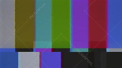 VHS. No Signal. SMPTE color bars with VHS effect. Old CRT TV color rendering test with text - NO SIGNAL. SMPTE color