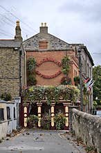 Beautiful autumn vertical view of Mc Gowans of Phibsboro with outdoor flower decorations of pub display and fallen leaves