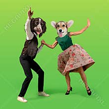 Modern design, contemporary art collage. Inspiration, idea, trendy urban magazine style. Couple headed with dog heads