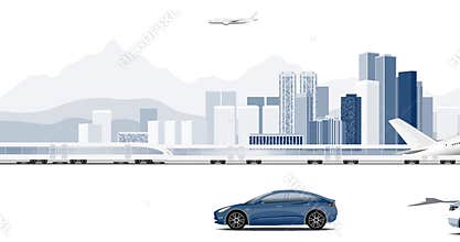 4K blue and white plane, car and train on modern city background