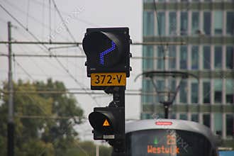 Blue electrical sign for the position of the rail switch