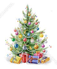 Watercolor Christmas tree with gift boxes. Hand painted Holiday illustration Christmas tree with balls isolated on white
