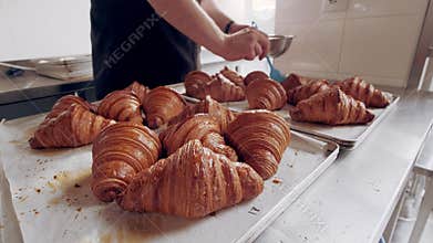 Baker greases freshly baked French croissants with ghee at bakery. Close up
