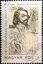 The stamp recalls the English physician William Harvey 1578-1657