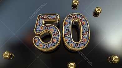 Vintage Royal Gold Floral Pattern 50 Number With Gold Metal Spheres Above The Glass Plane 3d