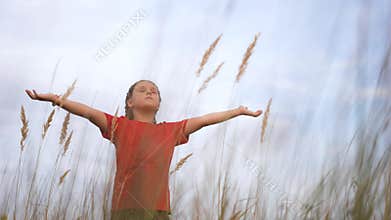 kid pray. pulls hands against a sky. child girl lifestyle concept faith religion and happy family. kid girl pray hands
