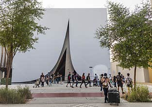 Dubai, UAE - 10.16.2021 Visitors at the entrance of a Finland pavilion at EXPO 2020. Event