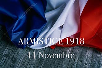 Flag of france and text armistice 1918 in french