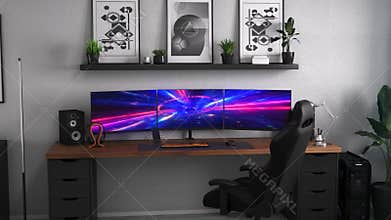 Games room with a cyber gamer computer. 3d animation of neon lighting