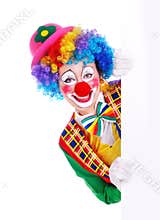 Happy clown with the blank board