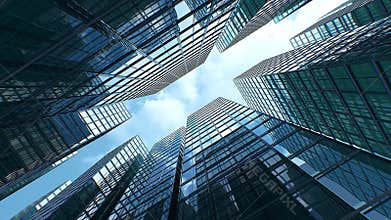 Modern Business District Buildings with Wall Mirrors Under Blue Cloudy Sky. Abstract Skyscrapers Business Center Street