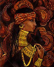 Hand drawn mulatto girl portrait with black cat