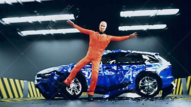 Crash test funny dummy, mannequin dancing. Car crash. Realistic 4k animation.