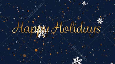 Animation of happy holidays over golden dots snow on navy background