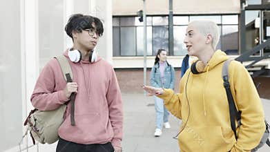 Multiracial young students friends talking after classes in college campus