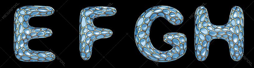 Realistic 3D letters set E, F, G, H made of gold shining metal letters.