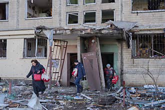 2022 Russian invasion of Ukraine bombed building destroyed war refugees. Rocket bomb attack Russia against Ukraine war