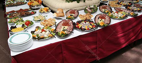 Hotel table full of tasty food