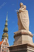 Statue of Roland in front of the House of the Blackheads in old town of Riga, Latvia