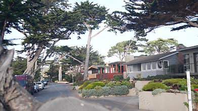 Suburban street, residential district, houses or homes, California architecture.