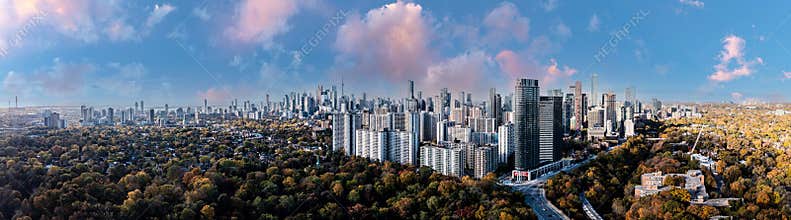 drone Panorama of Toronto skyline with fall leaafs surrounding the cityscape