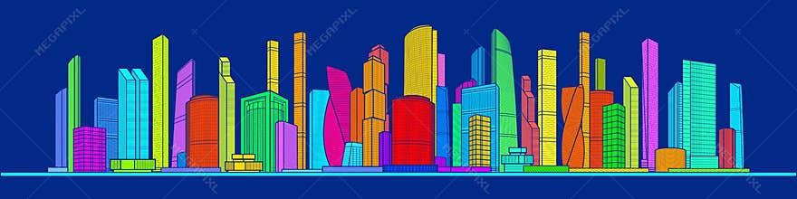 Modern colorful city. Urban town complex. Business center. Citycape futuristic pamorama. Infrastructure skyline outlines illustrat