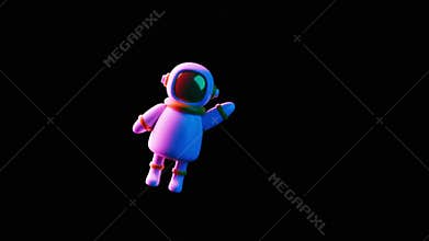 Funny cartoon cosmonaut flying in space dark isolated background in neon light. Interstellar traveling. Future cosmos