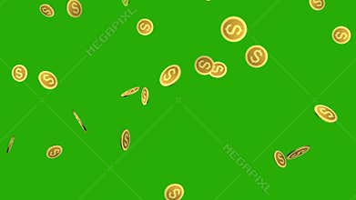 Animation of money with Dollar symbol. Gold coins Dollar falling and rotation down on green screen. Concept of business success