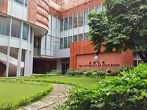 14 10 2021 building of university of Hong Kong HKU with logo on red bricks, glass window i the centennial campus