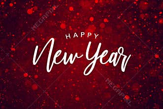 Happy New Year Text Over Red Sparkle Glitter Background. Magical Holiday Calligraphy Font with Glowing Defocused Bokeh Lights Back