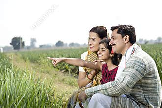 Happy indian family of farmer in agricultural field