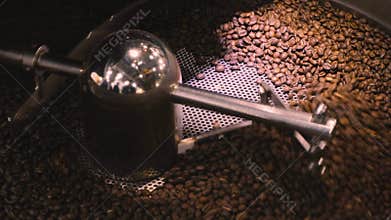 Production of fresh fried coffee beans roasting factory process. Prepared coffee beans mixing around on a cooling plate of an oven