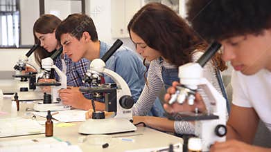 Biology class at high school lab