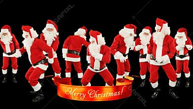 Bunch of Santa Claus Dancing, Merry Christmas ribbon, against black