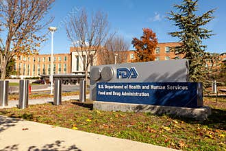 Exterior view of the headquarters of US Food and Drug Administration (FDA building and FDA sign)