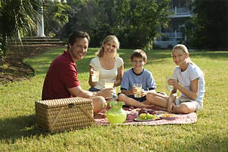 Family having picnic in park.
