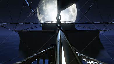 Old ship float at sea in full moon