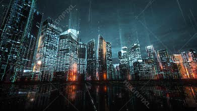 Cityscape with futuristic network connection and data communication. Hyperlapse