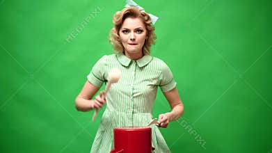 Funny excited housekeeper. Portrait of laughing young woman cook chef holding wooden spoon drum on the pan in kitchen.