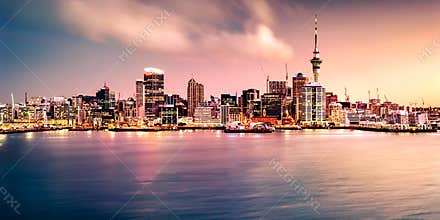 AUCKLAND, NEW ZEALAND - Aug 18, 2018: Auckland, North Island, New Zealand - August 18, 2018. Sunset view of city buildings and