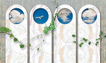 3d mural wallpaper green branches with modern background with sky, birds, cloud