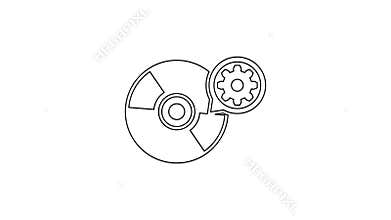 Grey CD or DVD disk and gear line icon on white background. Adjusting app, service concept, setting options, maintenance