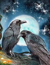 Watercolor illustration of two ravens under a bright moon